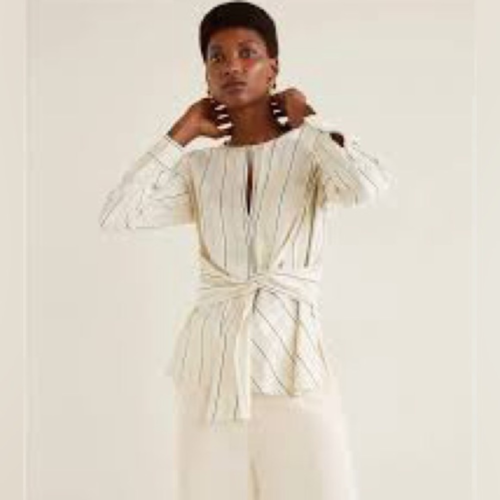 Mango White Striped Blouse with Tie-Front Size S